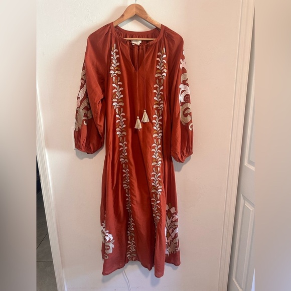 Anthropologie Boho Embroidered Rust Midi Dress | Puff Sleeve Ethnic Folk Style M - Picture 3 of 9